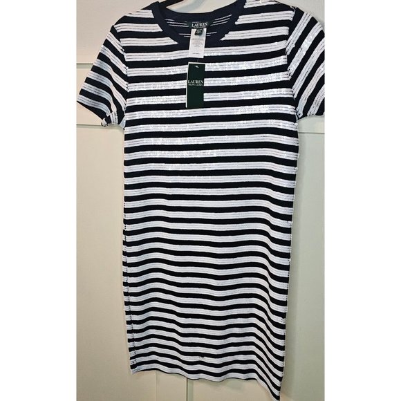 NWT Lauren Ralph Lauren Sequin Dress Sz XS Navy/White- Gorgeous! - Picture 4 of 9